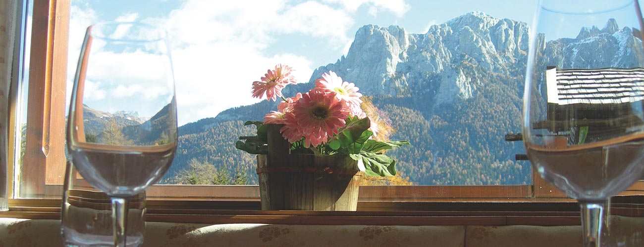Vista panoramica sulle montagne dalla finestra del Gran Mugon con vaso di fiori sul davanzale
